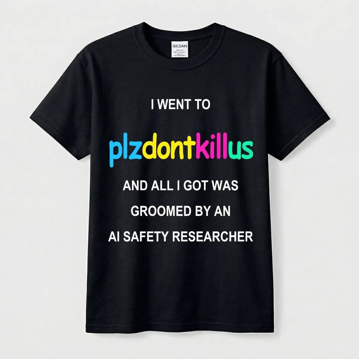 black shirt printed i went to plzdontkillus and all i got was groomed by an ai safety researcher